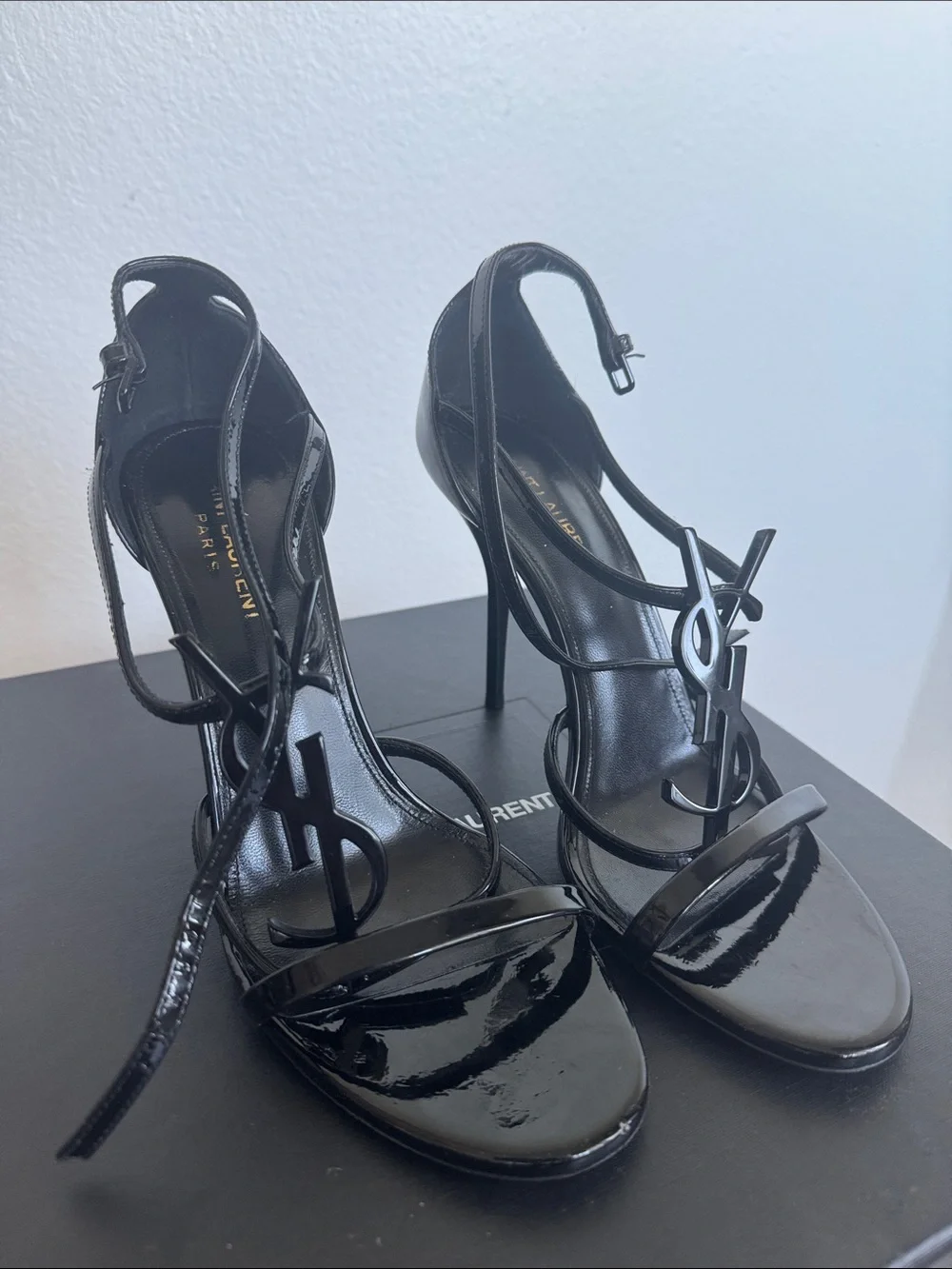 Saint Laurent Black Patent Leather Logo Strap High-Heel Sandals - Picture 9 of 9